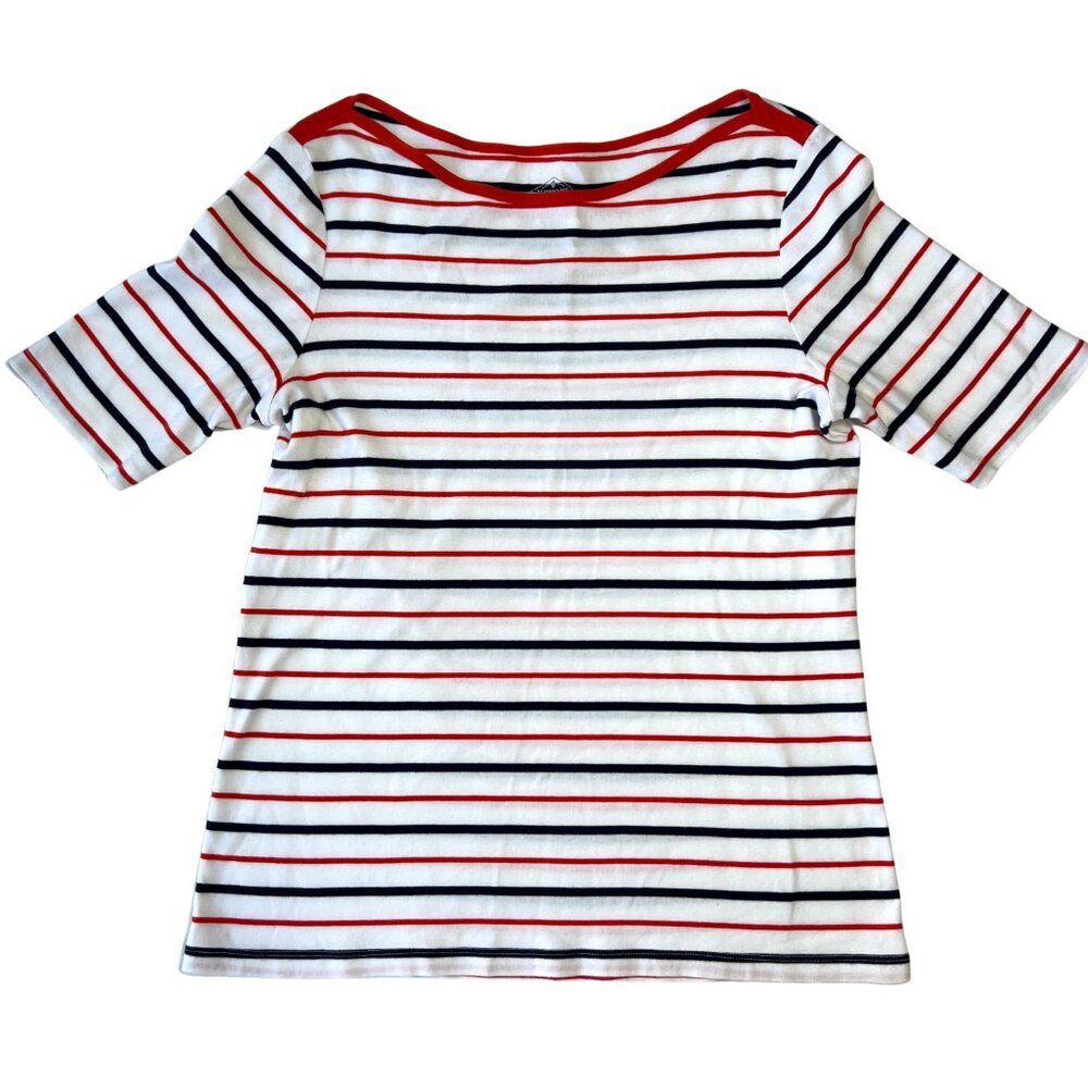 St. Johns Bay Boatneck Tee Womens M White Red Navy Striped Nautical Coastal‎ USA
